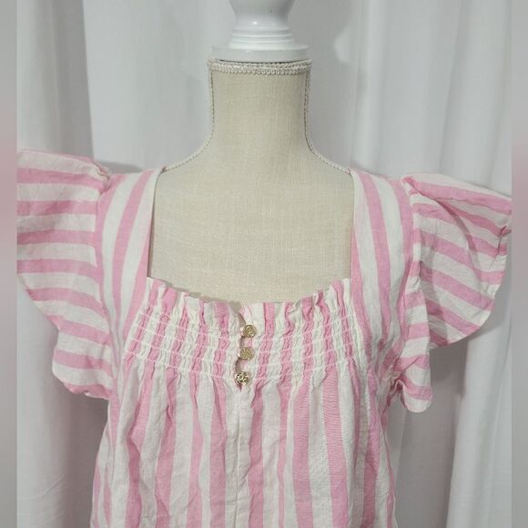 Draper James RSVP Pink & White Linen Striped Flutter Sleeve Top Blouse - Picture 5 of 10